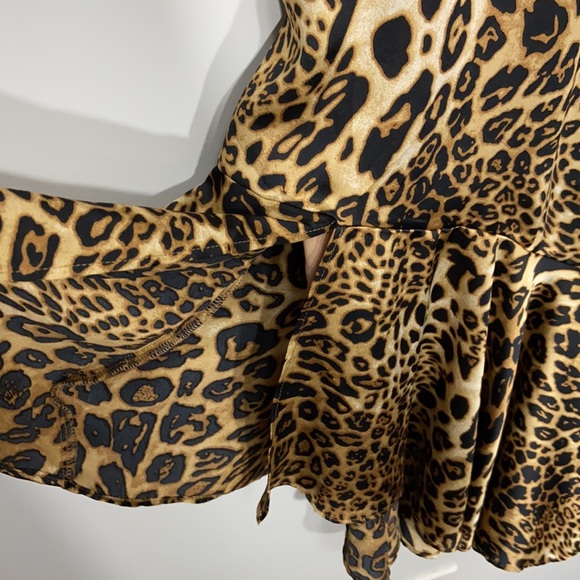 Satin Leopard Ruffle Asymmetric Hem Slip Dress - Picture 5 of 9